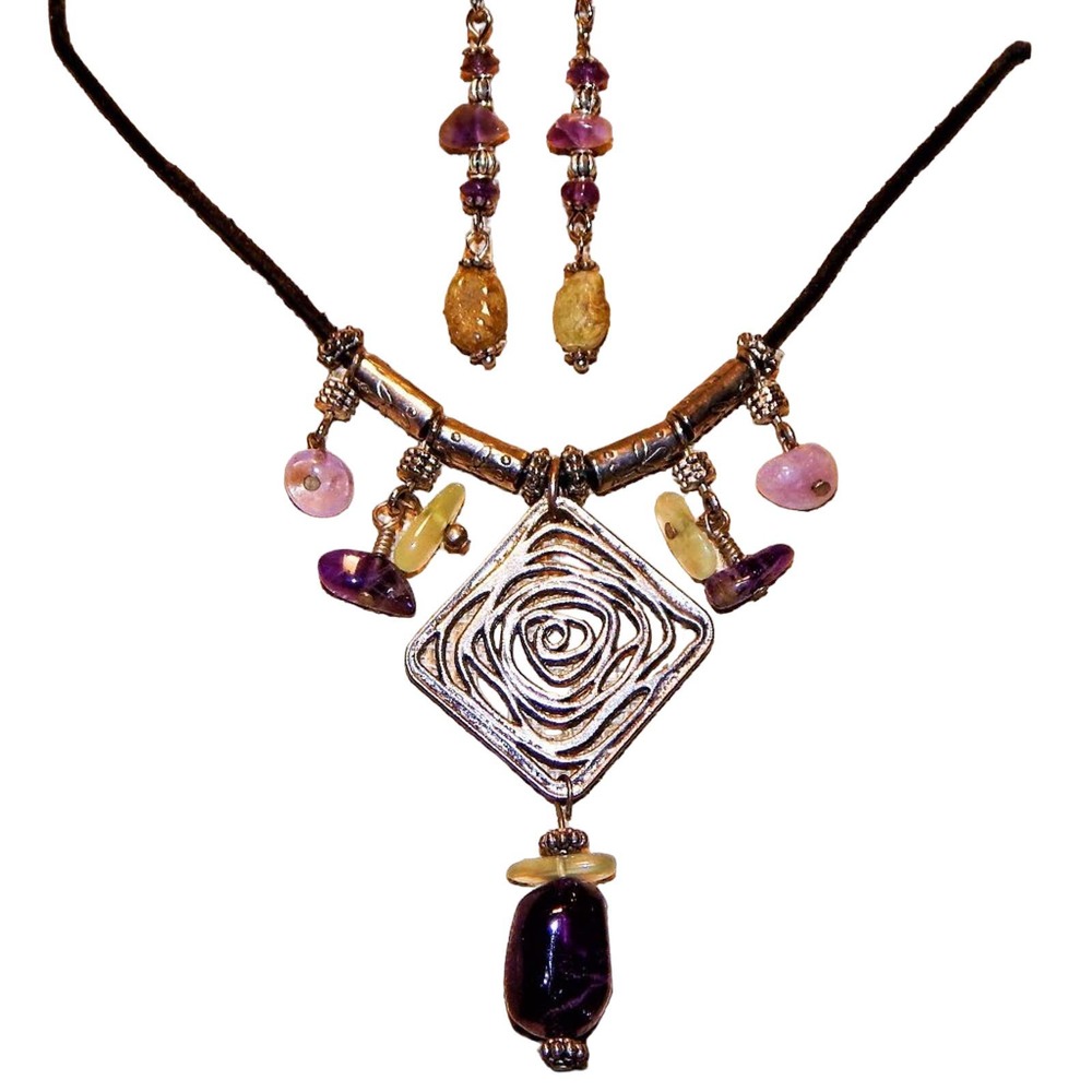 BoHo Artisan Upcycled Amethyst, Aventurine & Rose Quartz Necklace & Earr…
